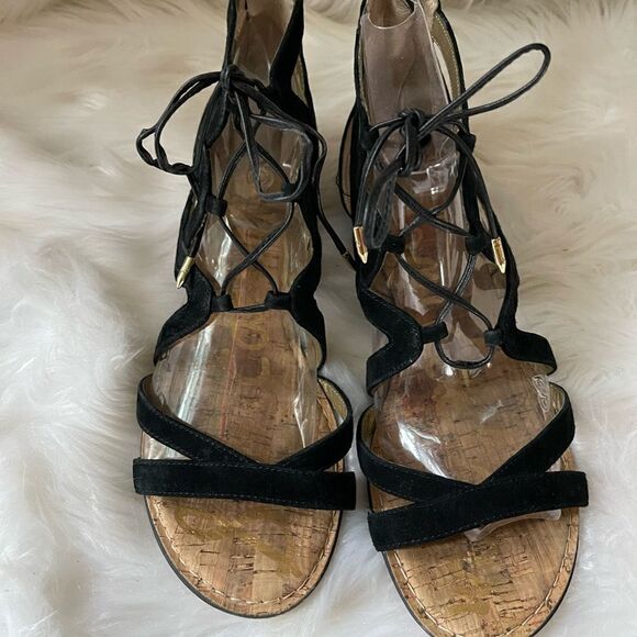 Sam Edelman leather suede lace up straps wedge sandals back zipper size 9.5 - Picture 9 of 9